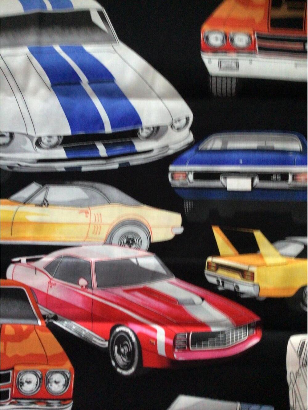 Pure Muscle Cars on Black Cotton Fabric by the Half Yard